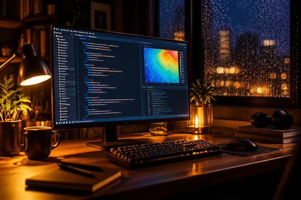 A developer desk at night with code on screen