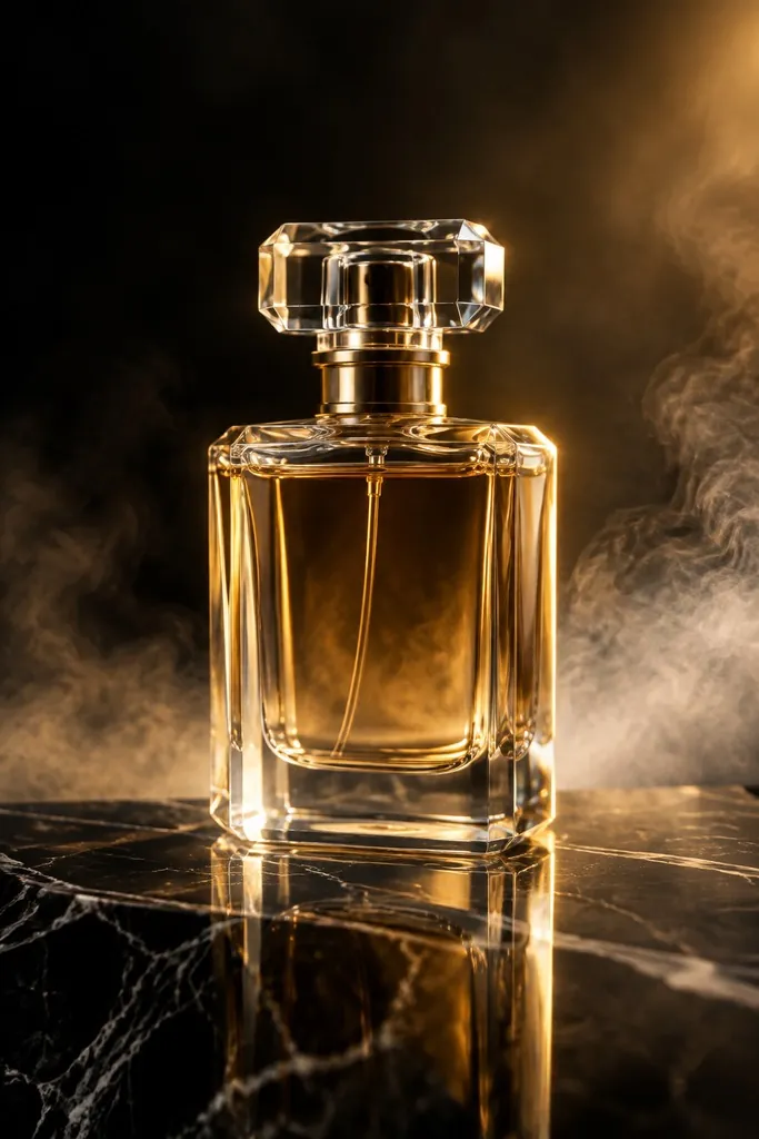 Product photo of a perfume bottle on black marble