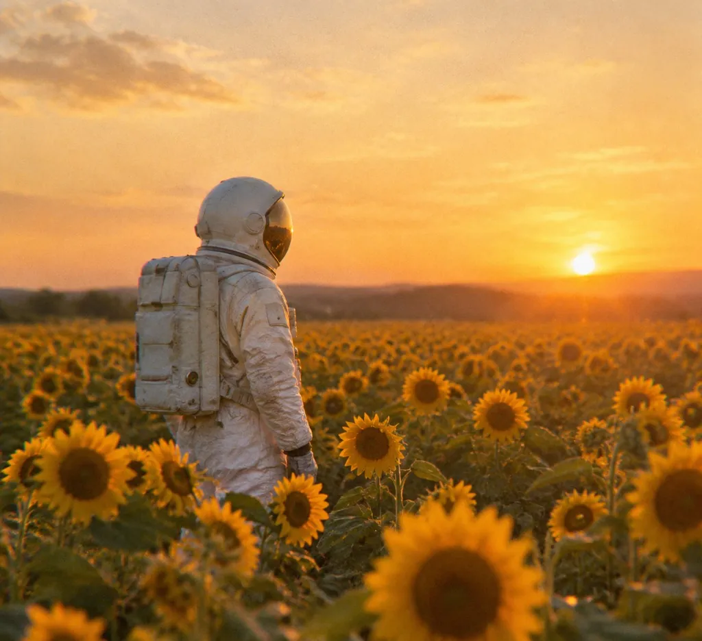 An astronaut in a sunflower field at golden hour