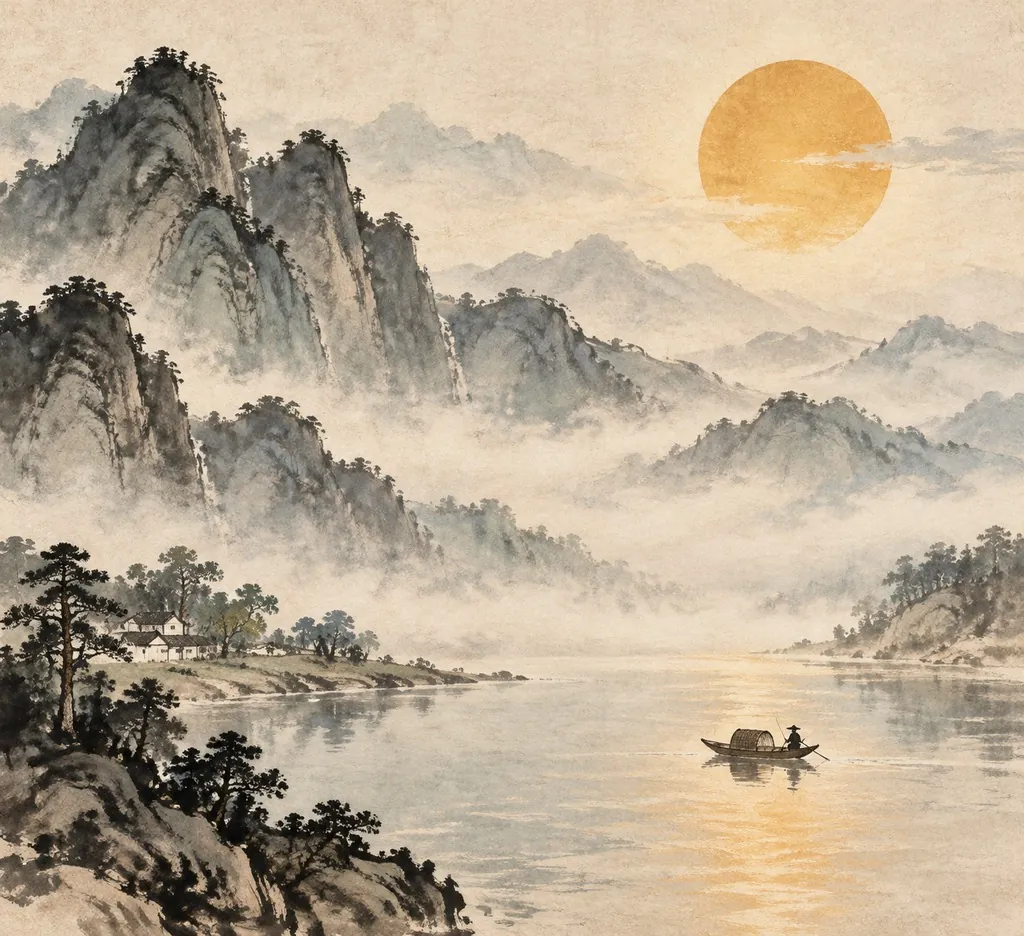 Ink-wash painting of misty mountains and a golden sun