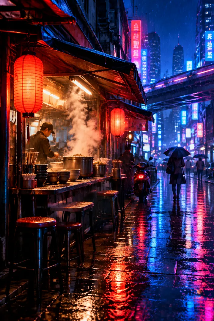 Cyberpunk noodle stall in the rain