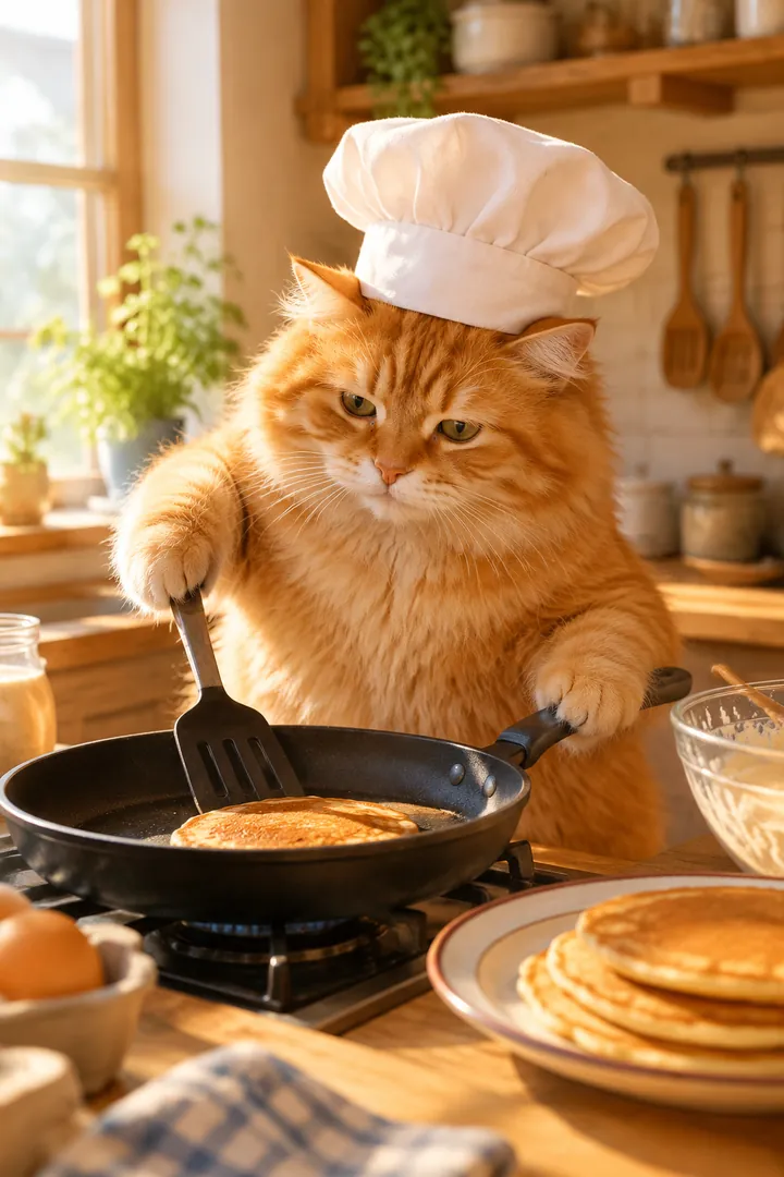 A cat in a chef hat making pancakes