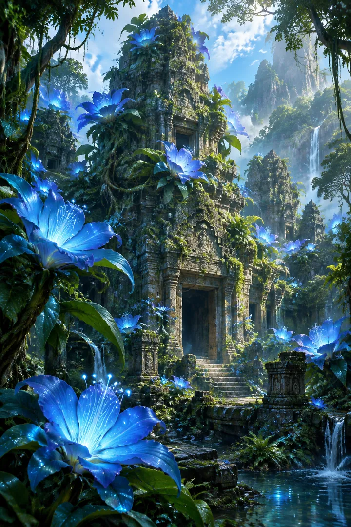 A temple overgrown with glowing flowers