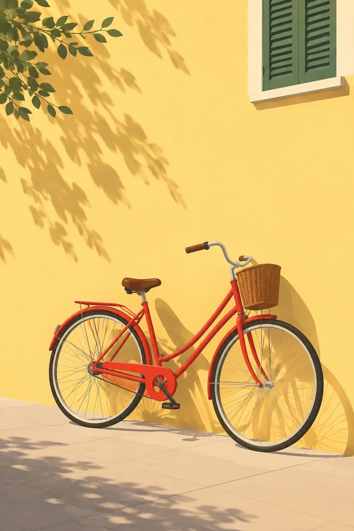 Poster of a red bicycle against a yellow wall